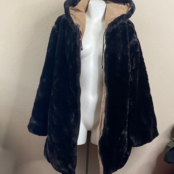 Jones New York heavy reversible faux fur outdoor long hooded coat 3X ❤️🏂❄️ - Picture 2 of 12